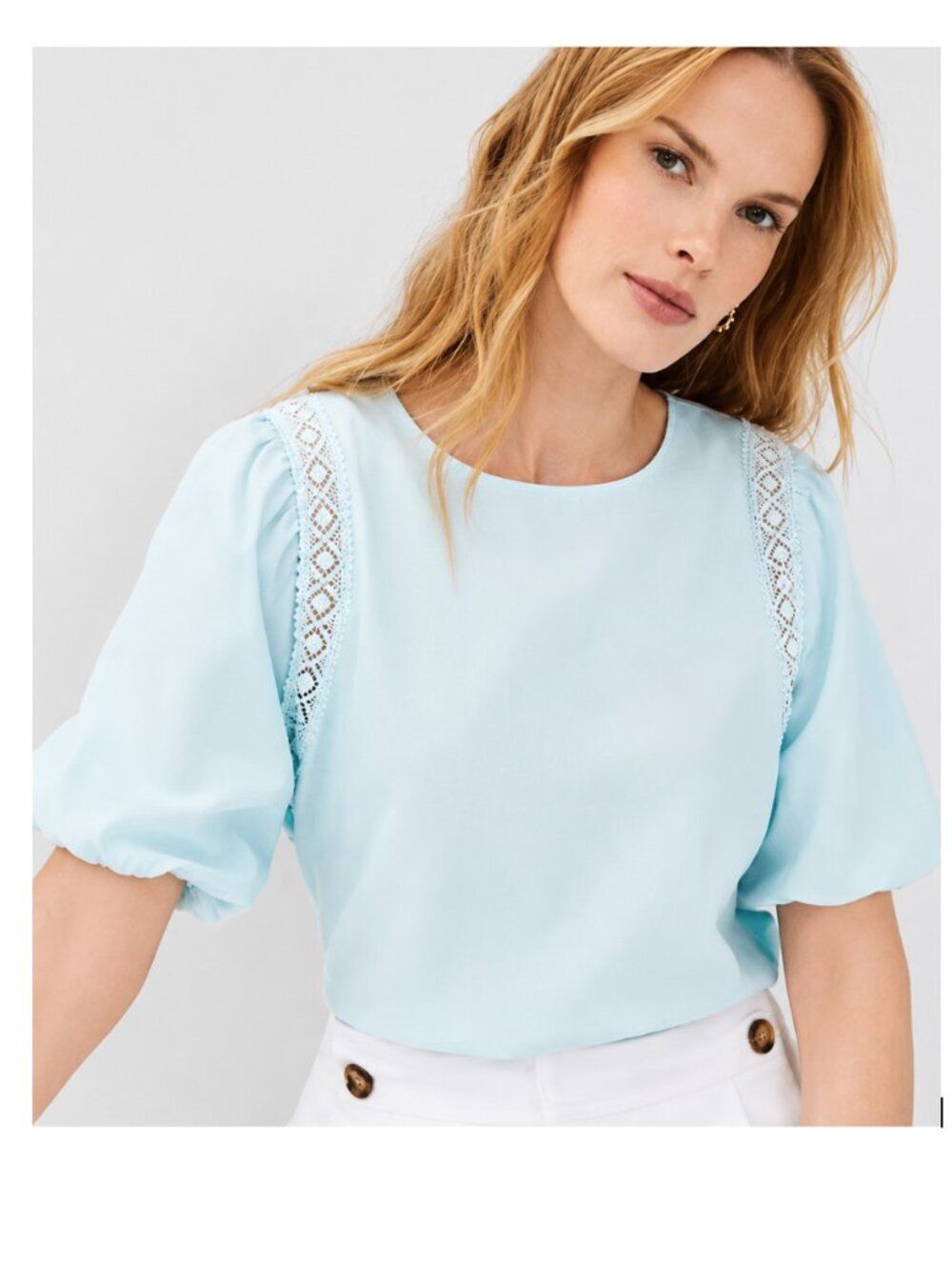 Ann Taylor Lace Trim Mixed Media Top – Aqua - Size M - NWT
